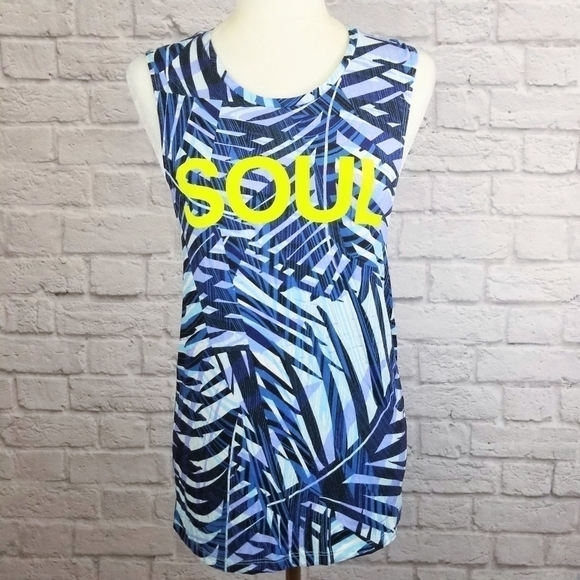 Soulcycle blue palm leaf print SOUL sleeveless active top women's size Small - Picture 7 of 9
